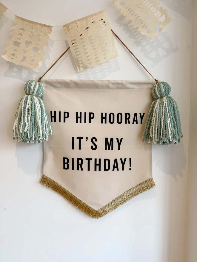 Green Hip Hip Hooray It's my Birthday Handmade fabric birthday banner decoration hanging with paper bunting