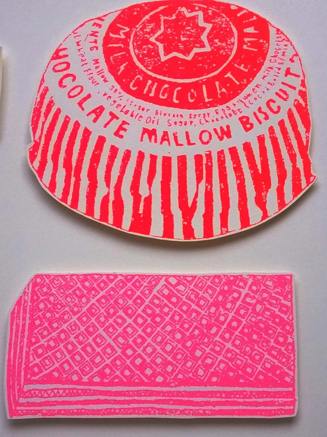 Tea Time Treats Screenprint, a group of colourful tea time treat designs on a white screenprint. 