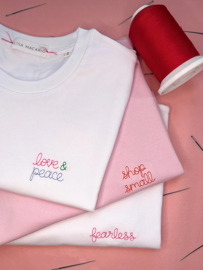 love & peace, shop small, fearless embroidered T-shirts