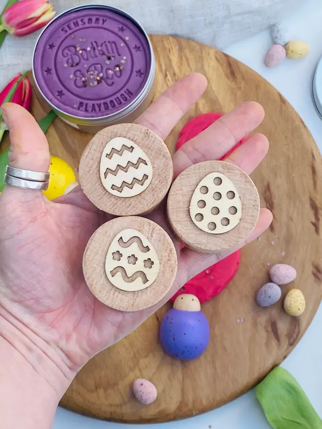 wooden Easter egg play dough stamps