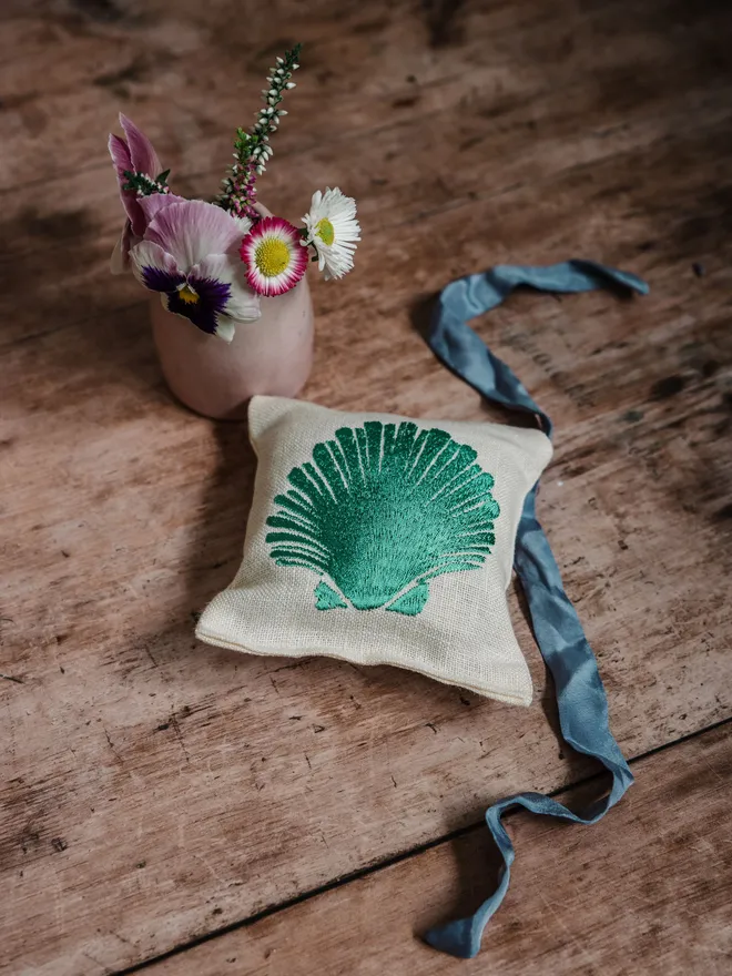 Sea Shell Lavender Sachet. A sachet of lavender with embroidered Sea Shell design.