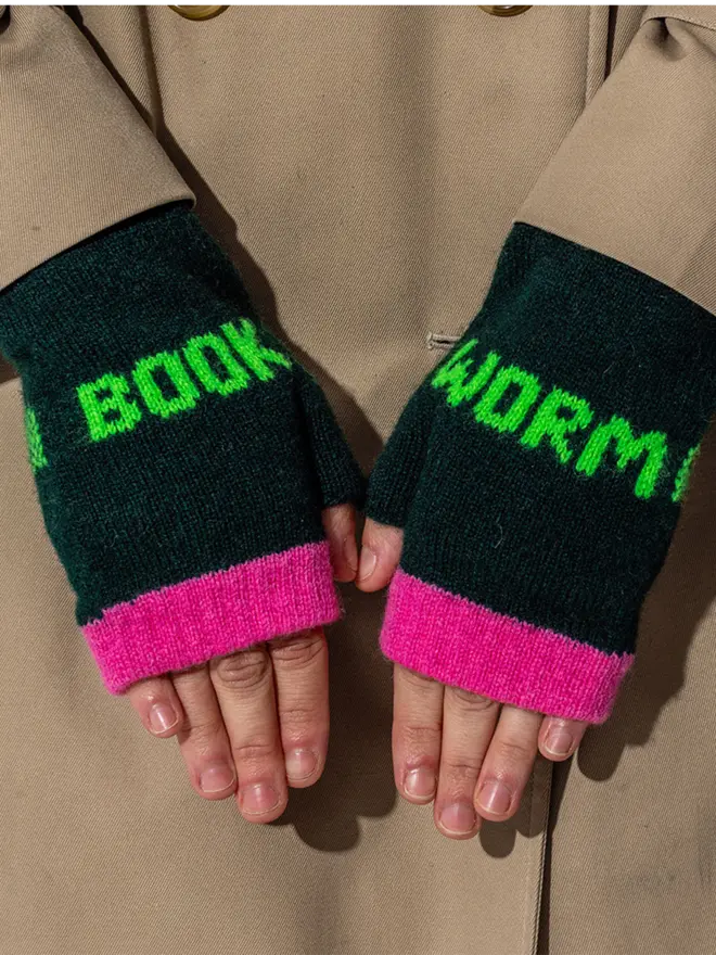 Book Worm Mittens - Main Forest Green, Trim Bubblegum, Words Neon Green
