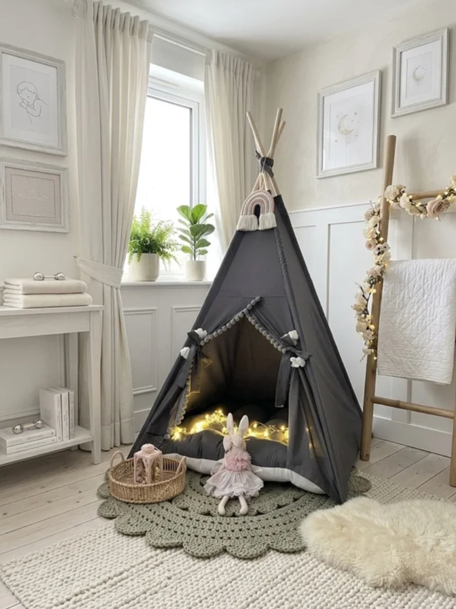 Personalised Dark Grey Teepee. A dark grey teepee in a playroom.