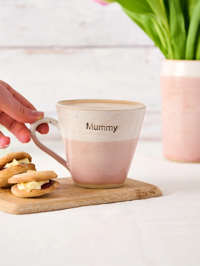 pink ceramic mummy coffee mug