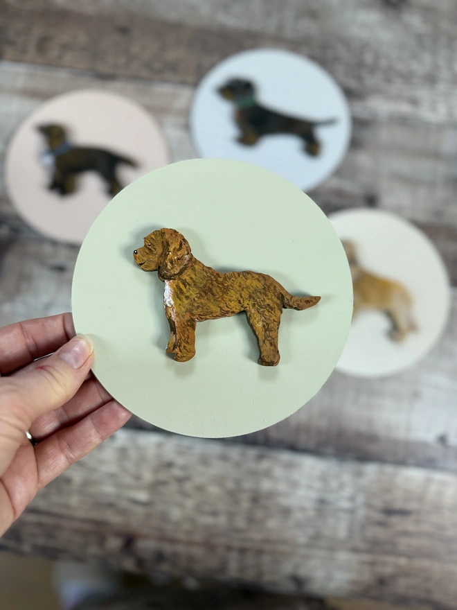 Hand - painted Cockapoo Dog portrait  -dog on pale green background