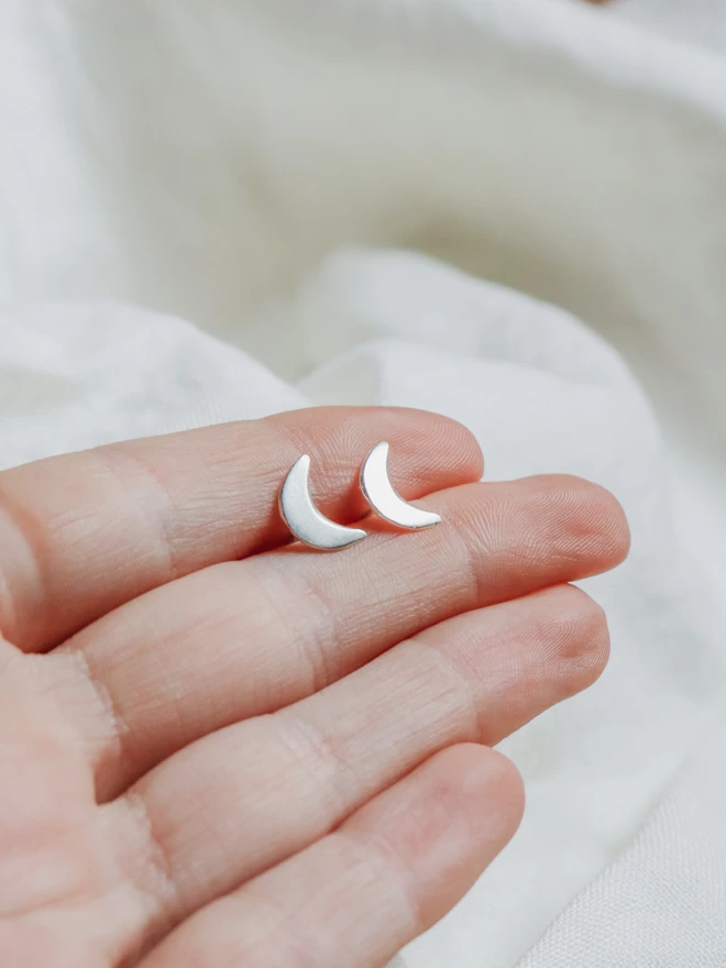 Recycled Sterling Silver Crescent Moon Stud Earrings