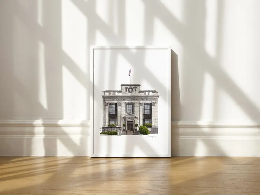 Islington Town Hall Giclée Print (Unframed). a print of a town hall sitting in a white frame against a plain backdrop on a wooden surface. 