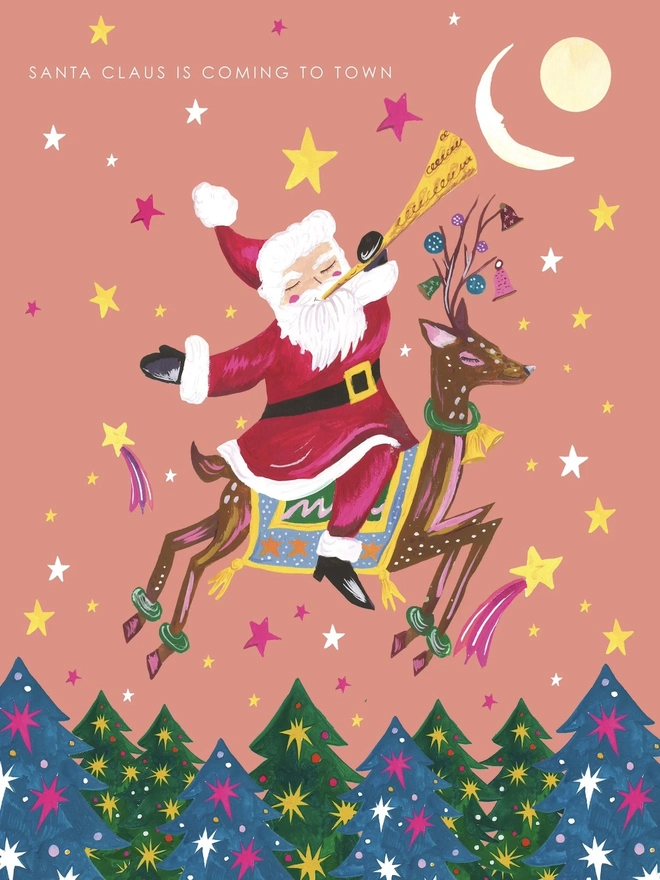 'Santa Claus Is Coming To Town', Santa On Reindeer Card