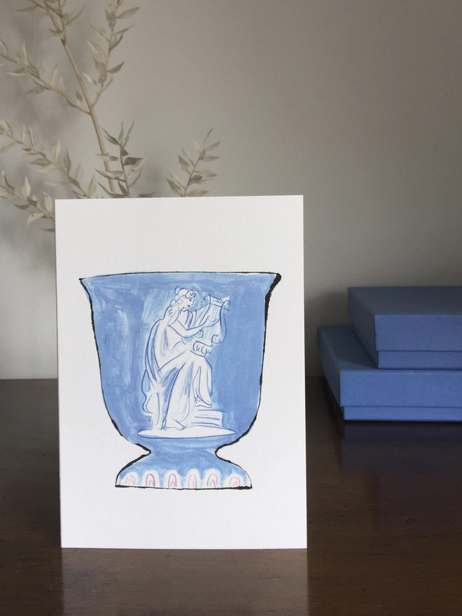 Greek Goddess Feminine wedgwood vase ceramic greeting card goddess girl power music lover instrument card musician blue white pottery