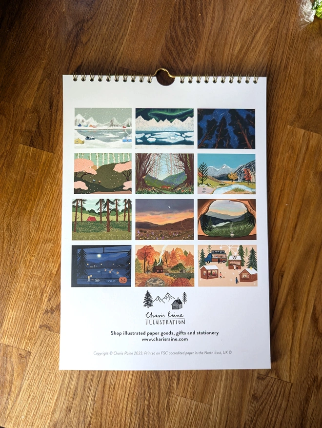 The back page of the illustrated 2025 calendar, featuring 12 original illustrations of landscapes.