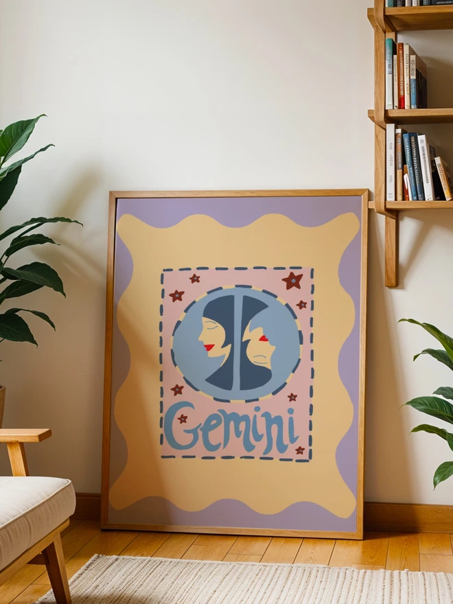 Gemini digital print in a kitchen backdrop, hand drawn illustration unique and colourful wall art