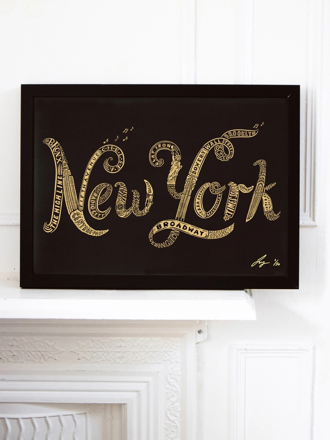 New York iconic typographic black and gold framed print
