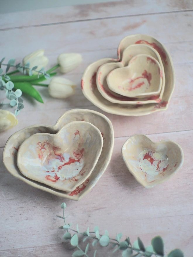 heart nesting bowls, ceramic heart bowls, Jenny Hopps Pottery