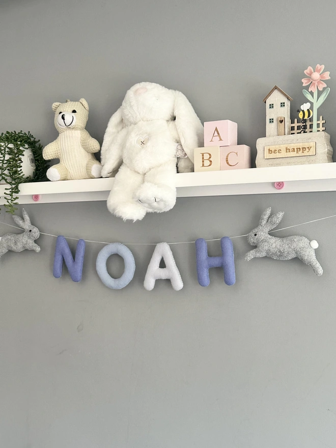 Personalised Name Garland with Bunnies, child’s name banner hanging, nursery decoration, baby gift, kids bunting, playroom decor 