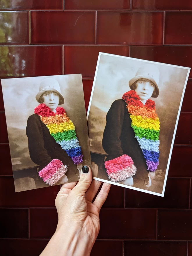 Woman with embroidered rainbow coloured trim photograph held with giclee print version