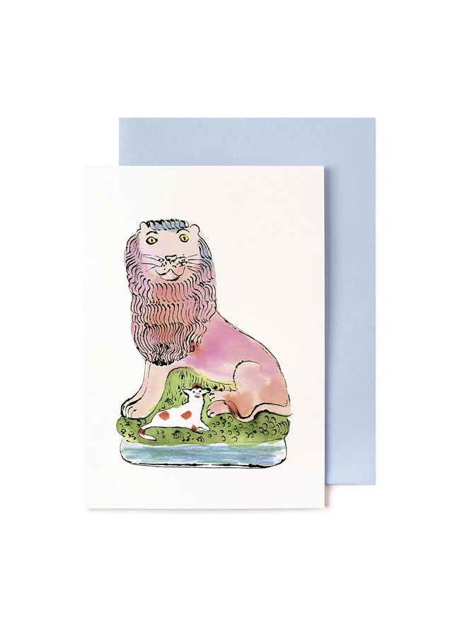 A greeting card featuring a lion and a lamb