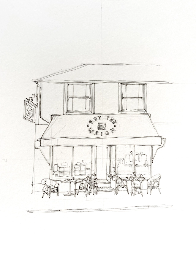 Pencil and pen sketch (process photo before being painted) of Buy the Weigh, zero waste shop in Ticehurst, a beautiful brick building with a teracotta tile on the first floor, white sash windows and a grey awning. The drawing is black pen outline and organic loose style with small details.