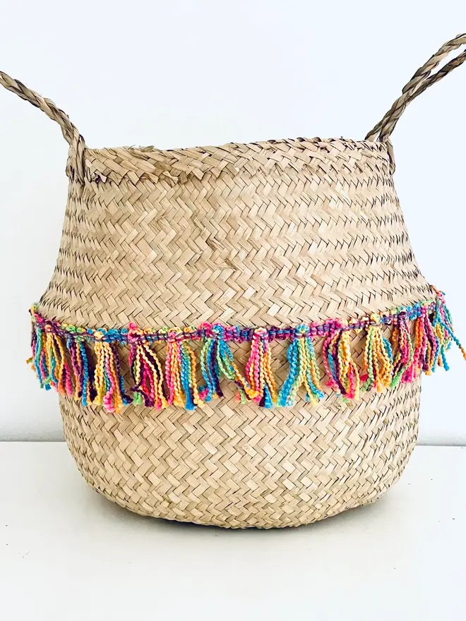 Rainbow Coloured Tassel Belly Basket