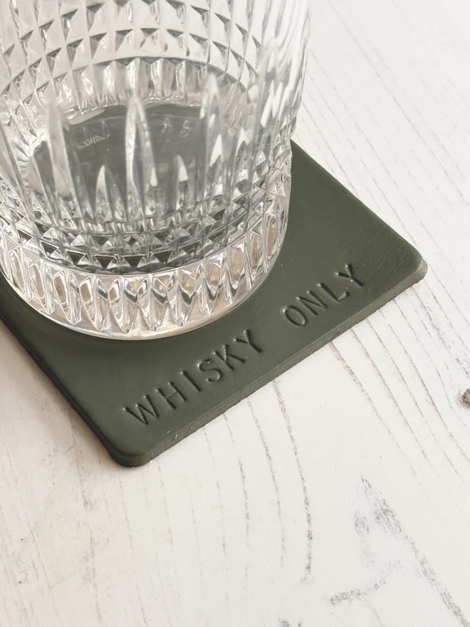 olive green leather square coaster