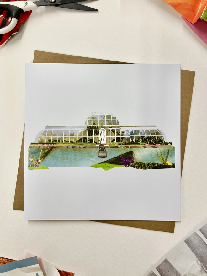 Greetings Card with a collaged illustration of Kew Gardens with an envelope on a white background with collage materials.