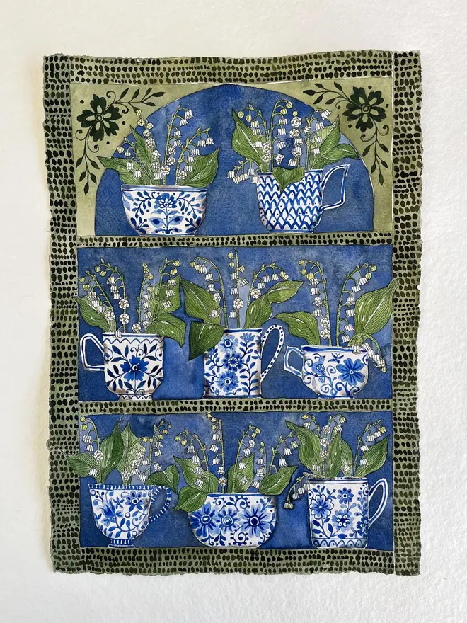 Lily of the Valley, Spring flowers in delft teacups and mugs displayed in a plant theatre