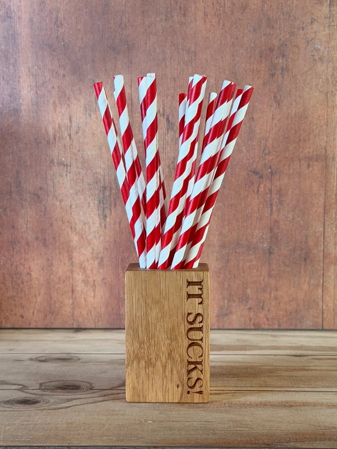 Stripy straws in a straw cup with engraving that says It sucks