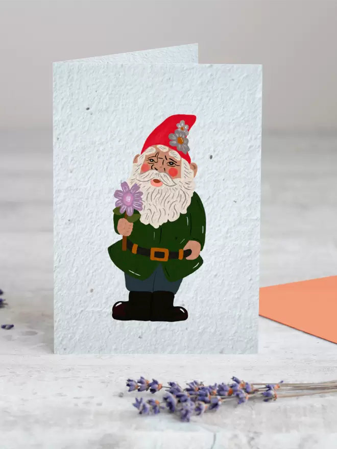 Seeded Paper Greeting Card featuring a garden gnome illustration with a sprig of Lavender placed in the foreground of the image