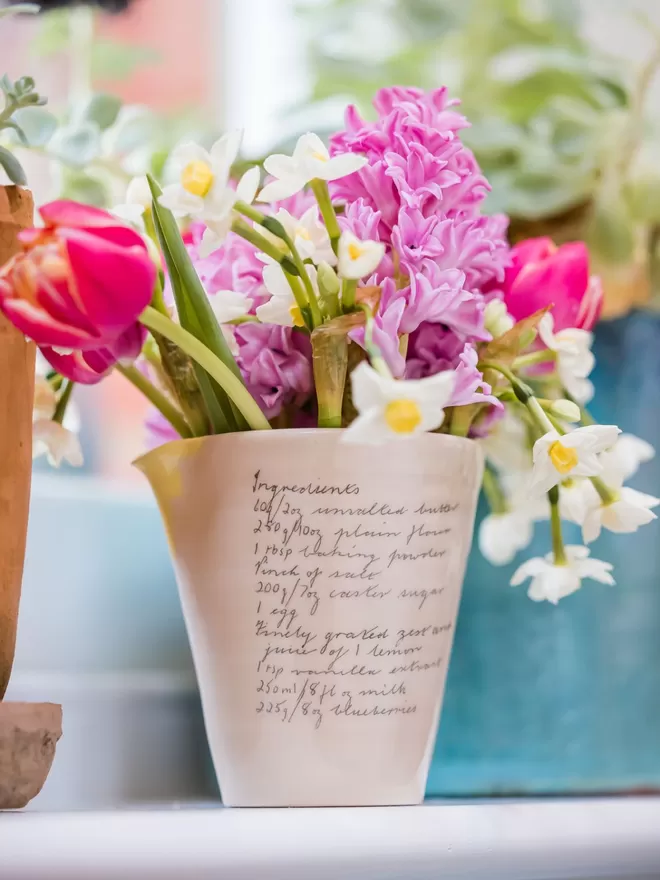 Ceramic handwritten recipe jug for flowers