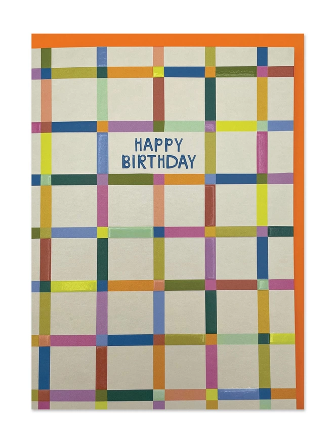 A colourful rainbow check Birthday card with ‘Happy Birthday’ message on a cream background