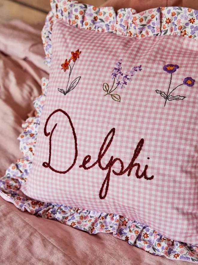 Pink Gingham Cushion With Floral Ruffle Trim