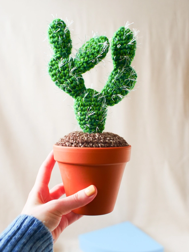 Handmade spiky crocheted cactus in terracotta pot