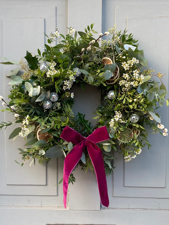 Handmade Fresh Christmas Wreath Eucalyptus Disco Balls Pink Velvet Bow