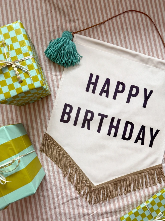  Large Handmade Fabric Happy Birthday Banner with Tassels and Gold trim