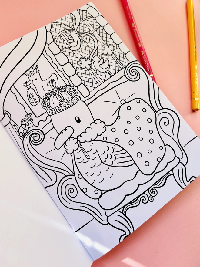 Inside page of the dapper ducks colouring book shows an illustrated royal duck in crown on a throne. 