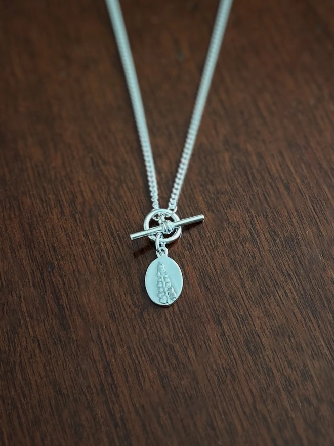 Sterling silver t - bar toggle necklace with a fern medal charm on a dark background