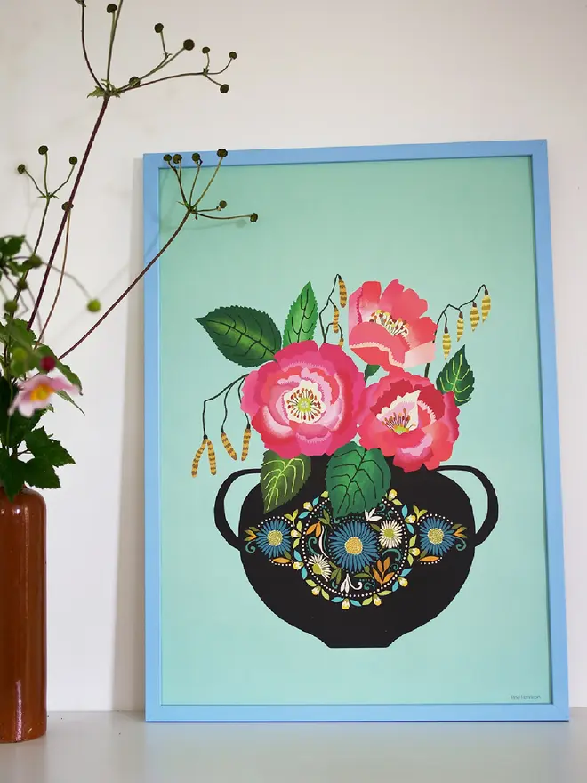 pink roses vase print