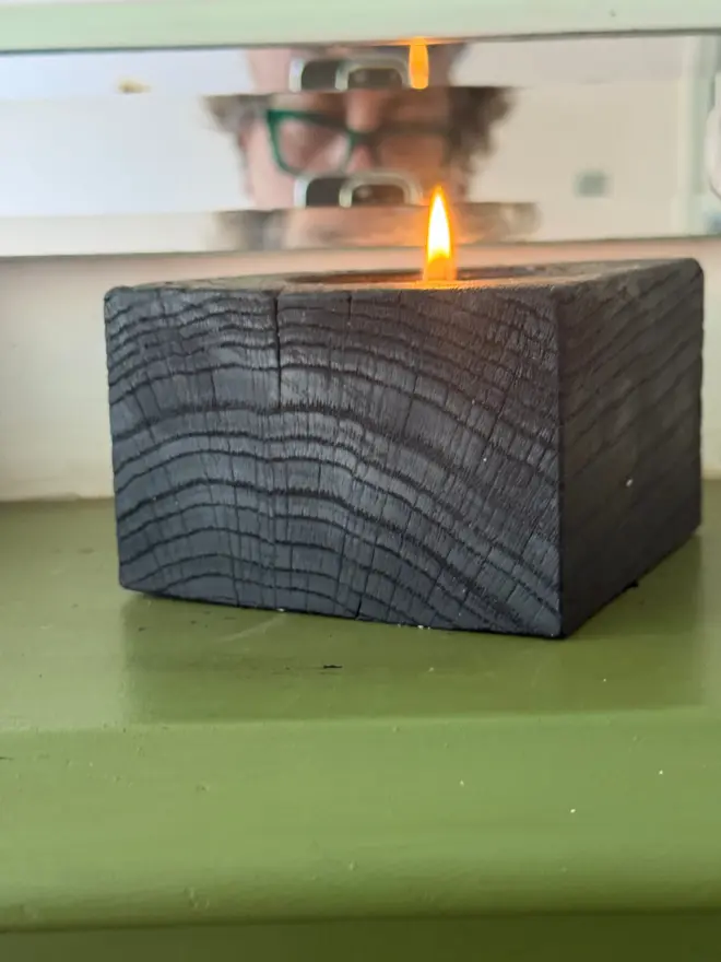 Refillable candle hand poured in wooden Yakisugi charred block candle holder