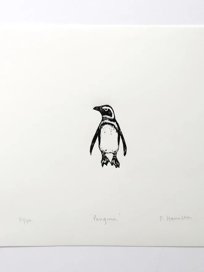 Penguin wood engraving print