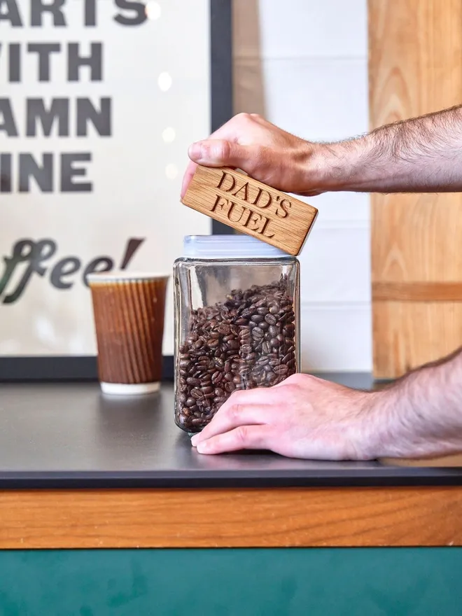 Personalised oak coffee jar