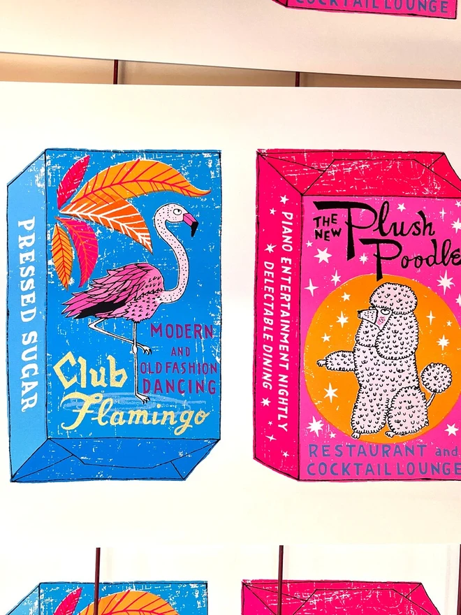 Shall We Dance Poodle And Flamingo Sugar Cubes Screenprint, a white screenprint with a pair of colourful box designs in the centre. 