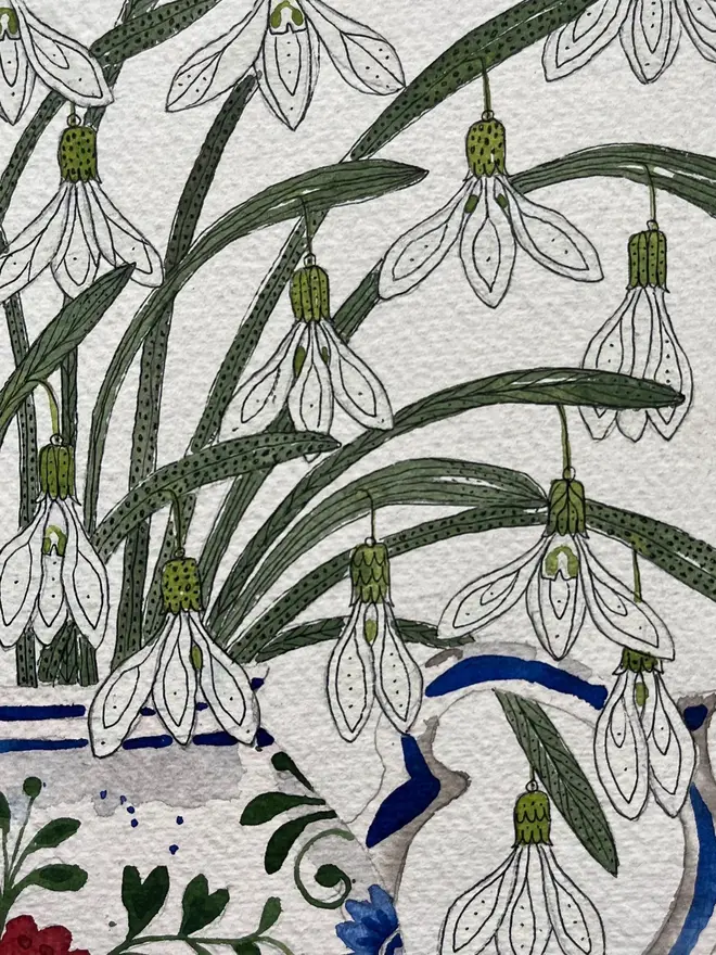 'Spring Snowdrops In Teapot' Watercolour Painting