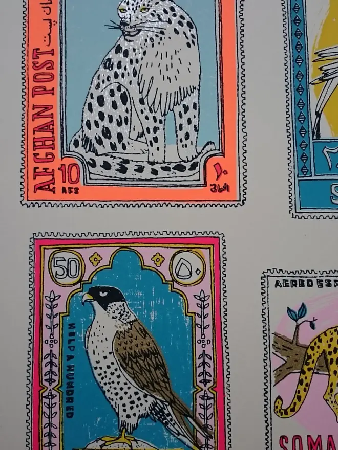 Animal Stamps Screenprint National Birds And Beasts, a set of colourful animal designs on a white screenprint. 