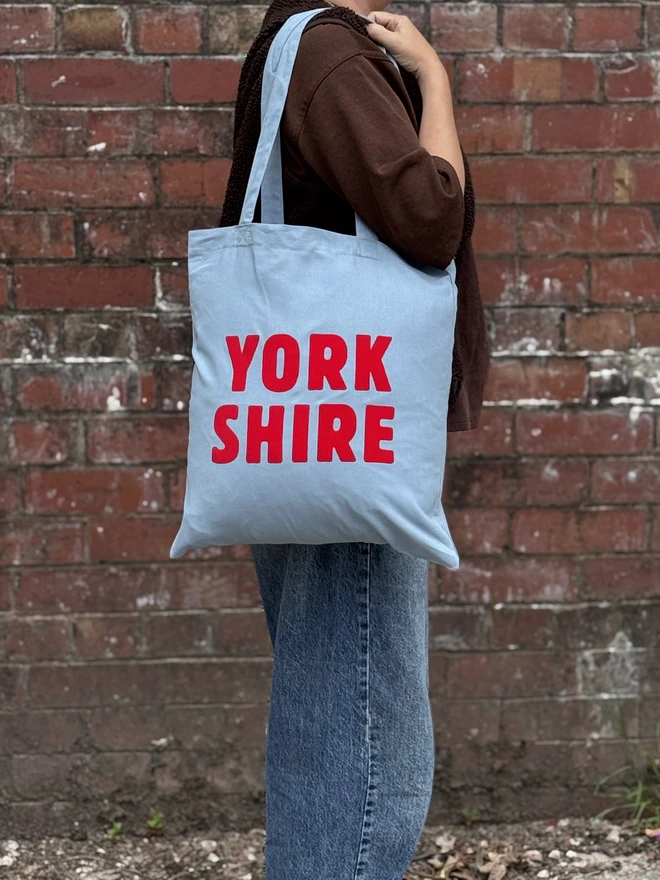 blue and red yorkshire destination bag against a brick wall 