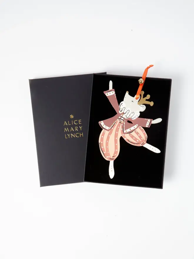 Mouse King Tree Dancer. wooden hanging mouse king decoration in an open black gift box embossed "alice mary lynch" in gold, with terracotta jacket, dusky pink striped trousers and orange ribbon with a jingle bell