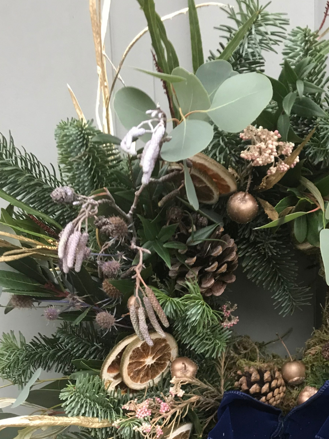 christmas tonic fresh wreath moss Eucalyptus citrus gold pinecones sustainable handmade