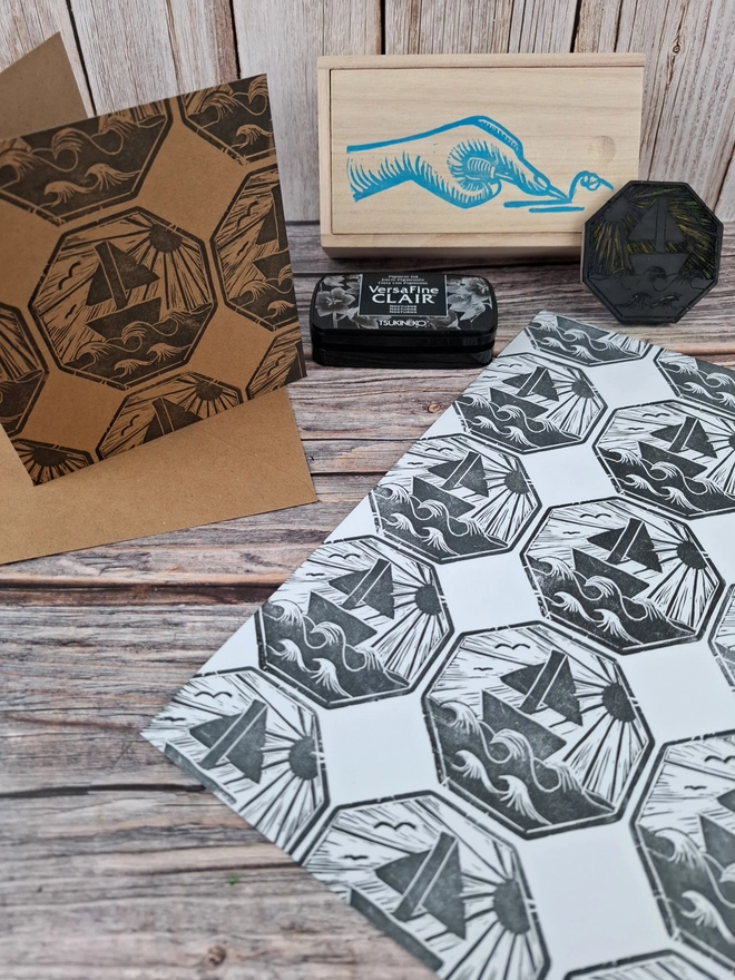 Lino stamp carving & block printing kit in Wooden box for printing on paper with versafine clair ink pad and pack of mastercut soft white lino