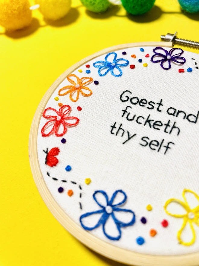 close up of a funny sweary hand embroidery hoop art