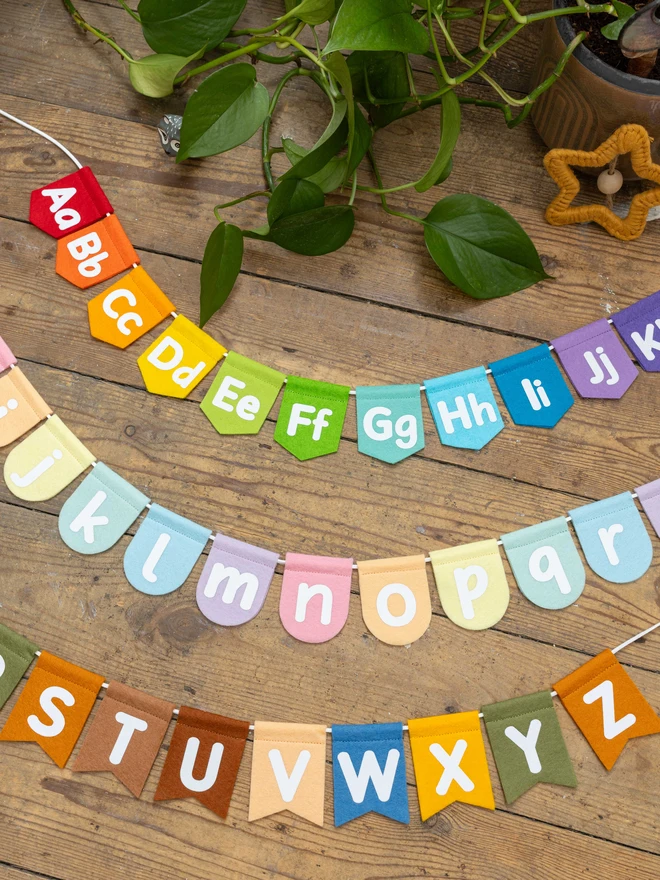 Alphabet bunting in a range of colours