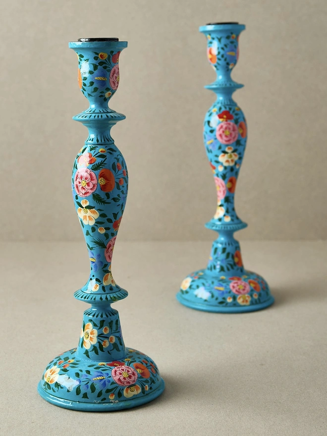 12'' Turquoise Floral Wooden Candle Stick Holder 