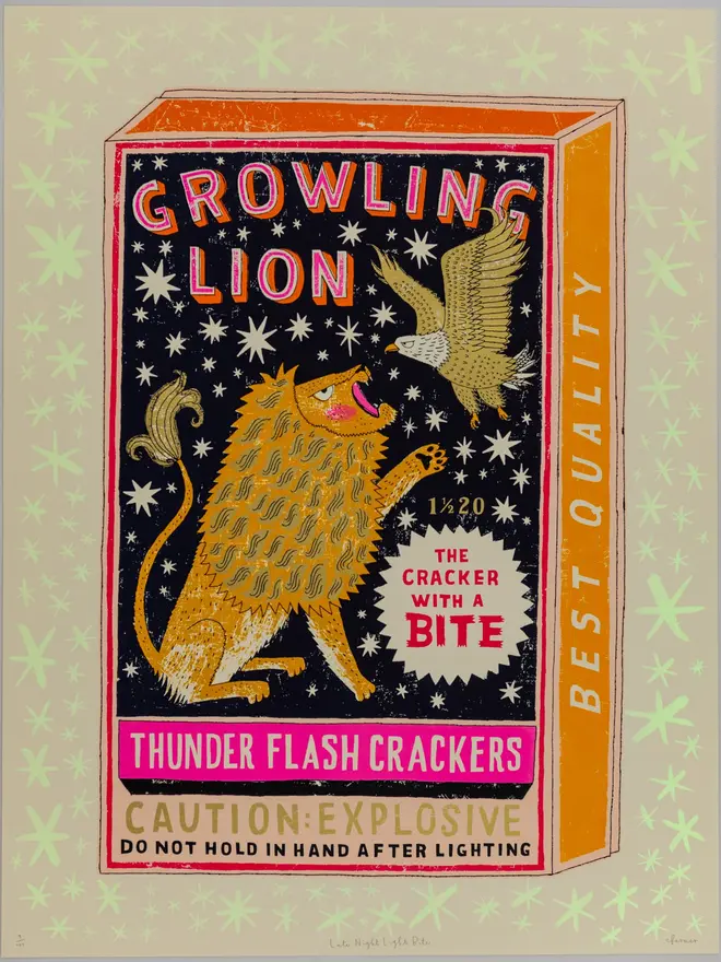 Lion And Eagle Firecracker Box Screenprint Late Night Bite, a colourful firecracker box design on a pale screenprint. The glow in the dark design can be seen too. 